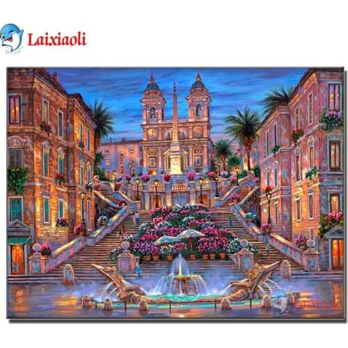 Stairs Rome fountain scenery Full square round,Diamond Embroidery Diamond Painting Cross Stitch,5d Mosaic,city building home art