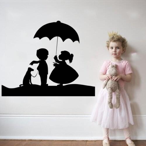 Cute Little Girl And Boy With Dog And Umbrella Lovely Wall Decals Home Kids Nursery Bedroom Sweet Decor Wall Sticker Mural M-88