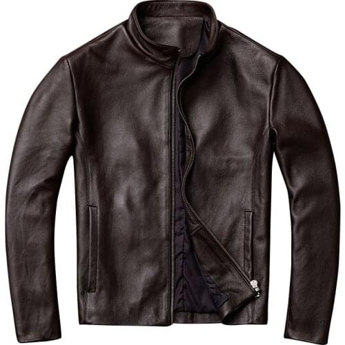 Mens Genuine Leather Head Layer Cowhide Short Dark Brown Pure Leather Jacket Slim Jacket Spring and Autumn Coat