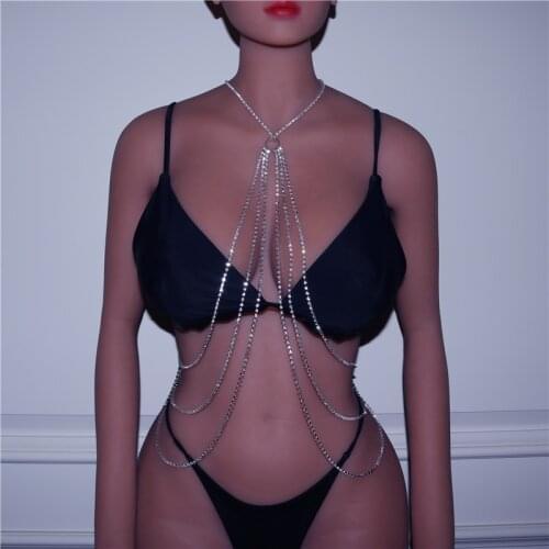 Luxury Long Necklace Women Multi Row Full Crystal Wedding Party Prom Christmas Body Chain Sexy Rhinestone Statement Chocker