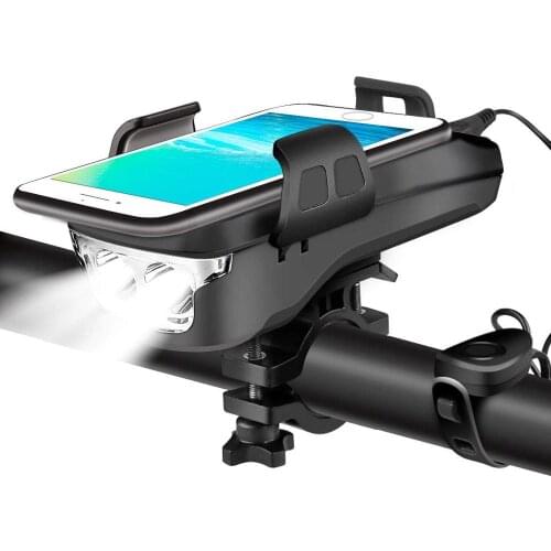 USB Rechargeable Bike Headlight, 4 in 1 Waterproof Bicycle Light with Bike Horn & Phone Holder & Power Bank Cycling Safety Light