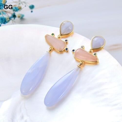 GuaiGuai Jewelry Natural Blue Lace Agates Chalcedony Pink Rose Quartz Stud Earrings For Women