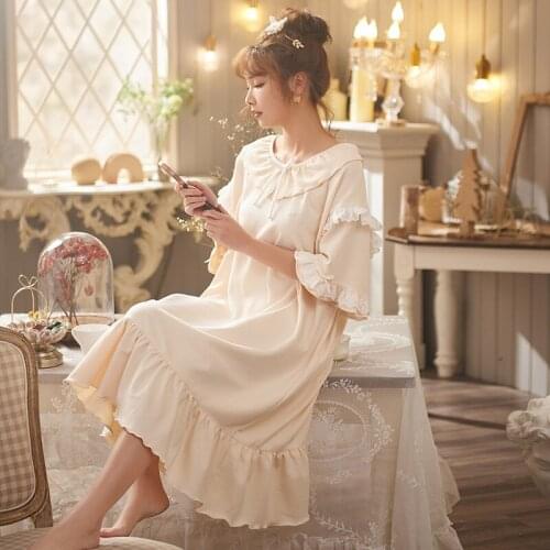 Ladies Peter pan Collar Cotton Nightdress Summer New Long Home Dress Sweet Lace Bow Trim Nightgown Cute Princess Sleepwear