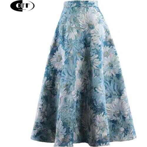 Vintage Floral Jacquard Skirts Women Spring Summer A-line Streetwear High Waist Retro Party Birthday Ladies Midi Skirt Femme