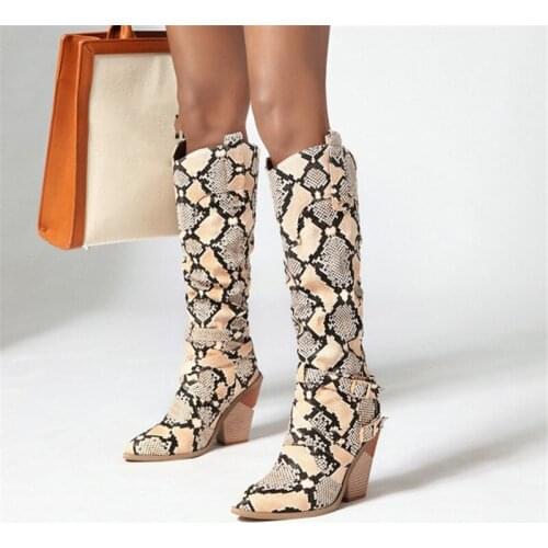 PXELENA Plus Size 34-43 Women Knee High Boots Snake Print Block Chunky High Heels Western Cowoby Long Booties Lady Shoes Buckle