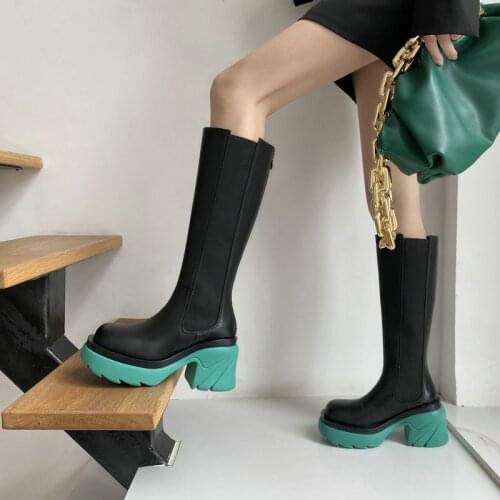 2021 Autumn Winter Fashion Boots Shoes High Heels Round Toe Platform Ladies Shoes Solid Color Knee High Boots Blue Green Pink