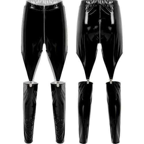 Women Sexy Clubwear Fashion Legging Hollow Out Shiny Patent Leather Pants Skinny Zipper Crotch Cutout Elastic Waistband Trousers