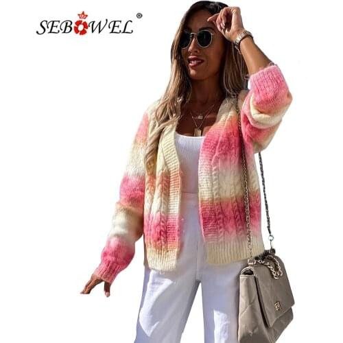 SEBOWEL Woman Gradient Open Front Colorblock Tie-dye Cardigan 2021 Winter Female Warm Plus Size Casual Open Front Knit Sweater
