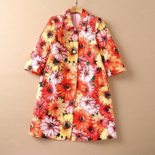 European and American womens autumn 2021 new One-breasted three-quarter sleeves Chrysanthemum jacquard print trench coat