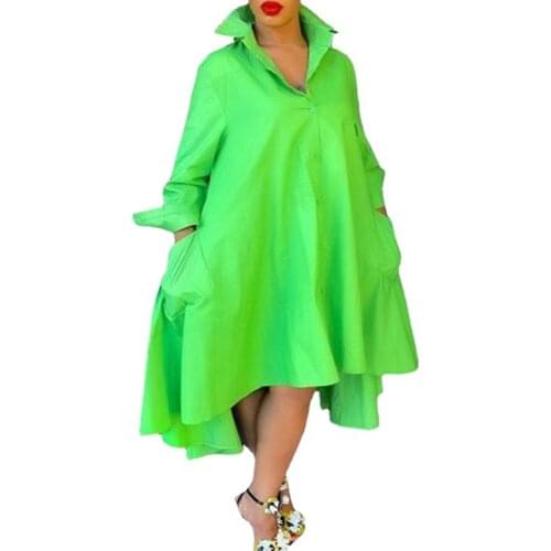 S 5XL Irregular Large Dress Women Solid Color Turtleneck Long Sleeve Shirt Casual Loose MIDI Skirt 2021 Spring/Summer New Green