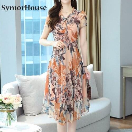 2021 New Summer Dress Women Vintage Floral Print Dress Short Sleeve Casual V-Neck A-line Chiffon Dresses Mid Plus Size Vestidos
