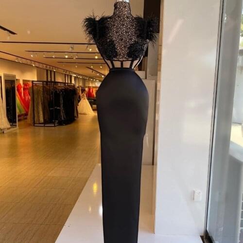 Sexy Black Sheath Long Evening Dress See Thru Lace Top Feathers Prom Gowns Custom Made Party vestido de novia