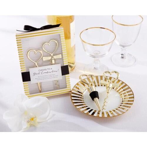 100pcs(50sets)/lot Cheers To A Great Combination Gold Wine Set Bottle Opener Cork Screw and Stopper Wedding Souvenirs SN708