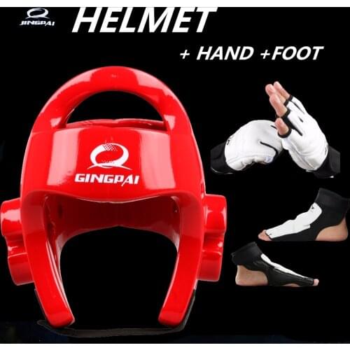 2 Color taekwondo helmet adult male female Pu Leather fighting taekwondo protector 1 set white taekwondo hand& foot protector