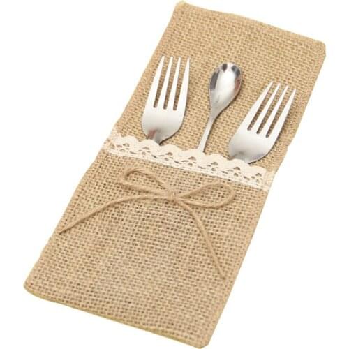 6pcs 4x8.5'' Lace Silverware Holder Bridal Shower Table Setting Decor Natural Burlap Cutlery Holder Wedding Party Dinnerware Bag