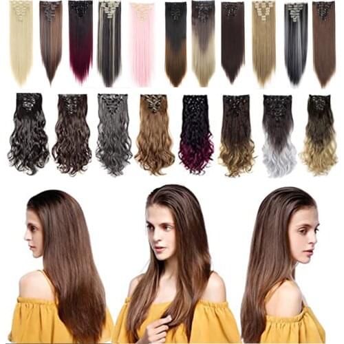 8Pcs 18 Clips Hair Piece Multi Color Inch Wavy Curly Straight Full Head Clip In Hair Extensions 24 26 Inch Dark Black Brown