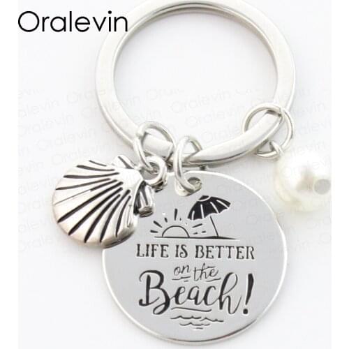 LIFE IS BETTER ON THE BEACH Engraved BEACH SEASHELL Charms Keychain for women Gift Jewelry 22MM,#LN138K
