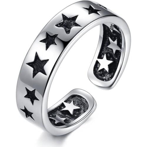 Black Star Pentagram Vintage Chunky Adjustable Finger Thai Silver Color Ring For Women Mens Fashion Simple Jewelry Gifts