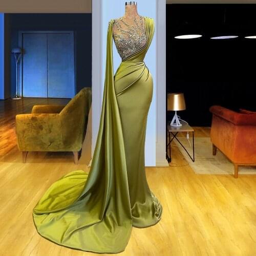Elegant Beading Prom Dresses Green Satin Mermaid Party Dress Vestido De Mujer Red Carpet Dress Women Prom Dress For Weddings