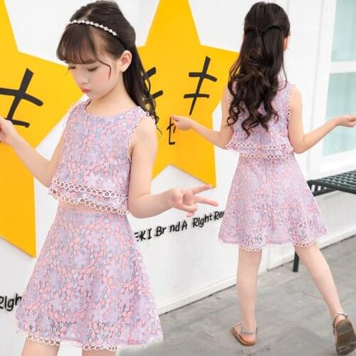 Elegant Design Trendy Kids Girl Lace Dresses 2 in 1 Part Summer Clothing Children Layered 2 Piece Dress Frocks For Girls 4- 12 Y