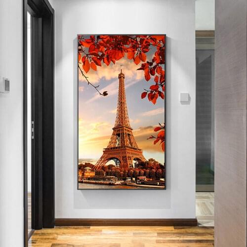 Eiffel Tower with Autumn Leaves Art Canvas Paintings Modern Landscape Wall Art Posters and Prints Pictures for Living Room Decor