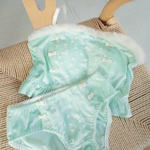 Kawaii Lingerie Cute Underwear Women Girls Lolita Sweet Tube Bralette Top Green Japanese Sexy Ladies Tops Bra And Panties Set