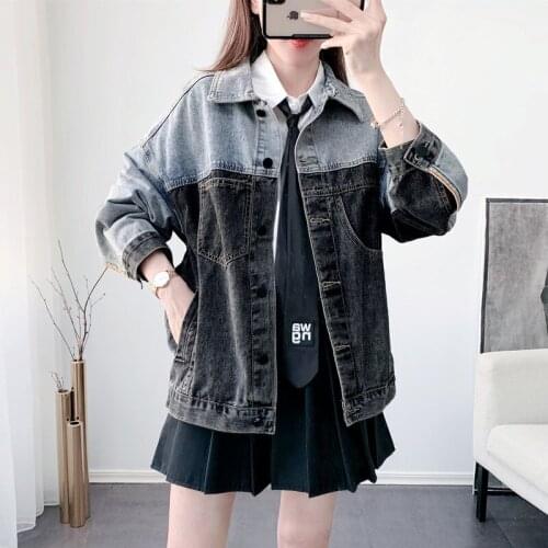 Vintage Blue Patchwork Gray Women Denim Jacket Loose Long Sleeve Casual Spring Autumn 2021 Female Jeans Jacket Vetement Femme