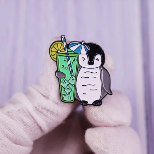 Cute Little Baby Penguin With Gaint Drink Enamel Pin Badge Funny Novelty Fashion Jewelry Gift