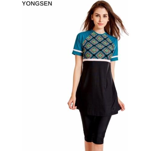 YONGSEN Muslim Swimwear Women Modest Patchwork Full Cover Short Sleeve Swimsuit Islamic Hijab Islam Burkinis Wear Bathing Suit