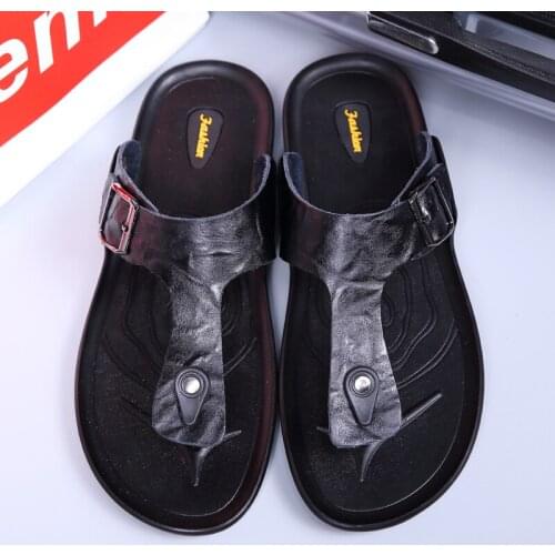 Beach Slippers Mens Flip Flops Outdoor Casual Shoes Summer Non-Slip Man Sandals Leather Light Flats Chanclas Hombre Playa Black