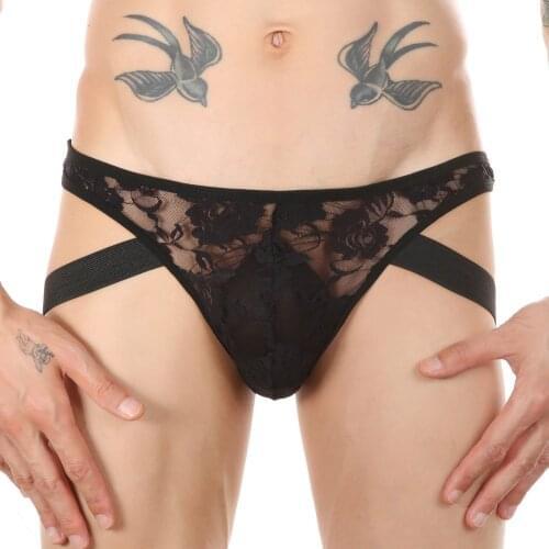 Mens Panties Sexy Lingerie See-through Floral Lace Thongs Underpants Bulge Pouch Low Waist Elastic Waistband Briefs Underwear