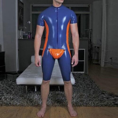 Front Zip Male Latex Rubber Sexy Catsuit with Crotch Cover Bodysuit Latex Fetish Party Suit S-LCM170