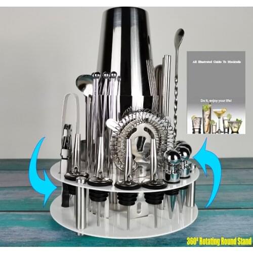 Cocktail Shaker Set, 28 Piece Bartender Kit with Rotating Stand:Stainless Steel Bar Set for Home, Bars, Parties and Traveling