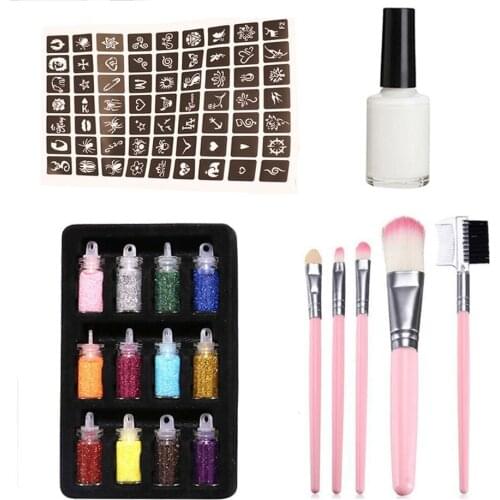 New Flash Temporary Tattoo Set with 12 Glitter Powder Hollow 1 Tattoo Template 1 Glue 5 Brushes for Children Teenagers Adults
