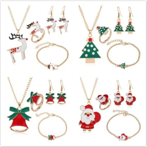 Christmas Jewelry Set Elk Bells Santa Claus Necklace Bracelet Earrings Ring Cartoon Four-piece Jewelry Women Girls Gifts