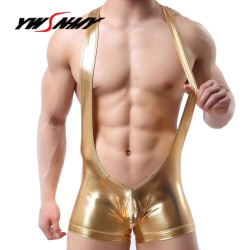 Gay Underwear Boxer Shorts Men Sexy Lingerie Imitation leather Panties Homme Sexy Jumpsuit Wrestling Bodysuit