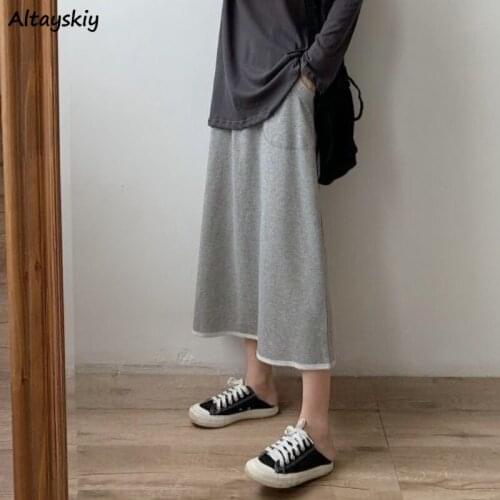 Skirts Women Solid Drawstring A-line Empire Pockets Korean Breathable Elastic Waist Harajuku Streetwear Fashion Vintage Oversize
