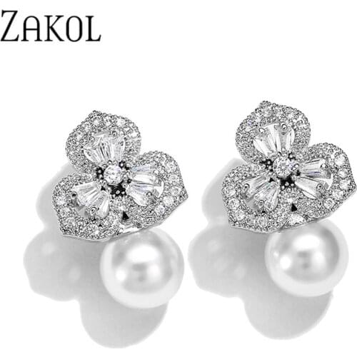 ZAKOL Fashion Cute Exquisite Flower Stud Pearl Crystal Earings AAA Zircon For Women Jewelry Wedding Party Gifts FSEP2475