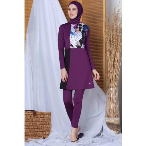 Women Long Sleeve Front Detail The Tights Hijab swimwear 20113 Eggplant Purple Turkish' Muslim Swimsuit Burkinis Modest Clothing Islamic Long