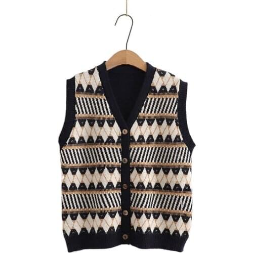 2021 Winter Women Sweater Vest Sleeveless Argyle Jacquard Knit Tops Sweet Style Ladies Soft Warm Single-breasted Knitwear