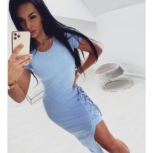Summer Solid Casual Slim Bodycon Dress Women Asymmetry Design Corn Bandage Decor O-Neck Short Sleeve Slim Hips Dress Streetwear