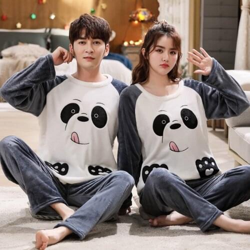 2021 Winter Couple Long Sleeve Thick Warm Flannel Pajama Sets for Women Cute Cartoon Coral Velvet Sleepwear Men Homewear Clothes