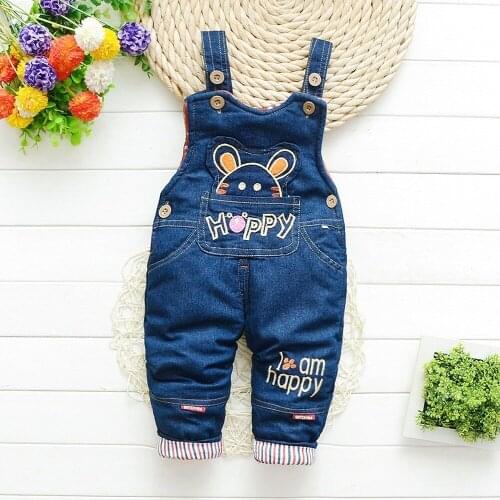 Winter Warmly Thicken Wool Kids Pants Cartoon Denim Overall for Girl Bib Jeans Boy Overalls Baby Rompers Jeans Children Jumpsuit