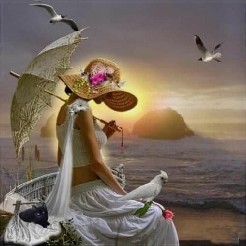 5D DIY Full Round Diamond Painting Straw Hat Woman & Seabird 3D Embroidery Cross Stitch Rhinestone Mosaic Home Decor Gift Y1401