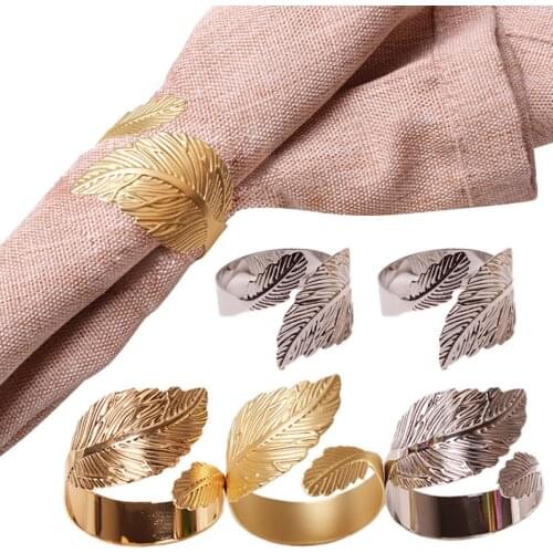 6Pcs Metal Leaf Napkin Buckle Feather Golden Napkin Ring for Wedding Home Party Dinner Table Decor