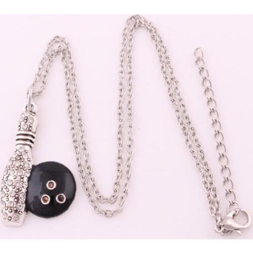 Antique silver plated fashion Bowling Pin and Ball Crystal Pendant Necklace Jewelry