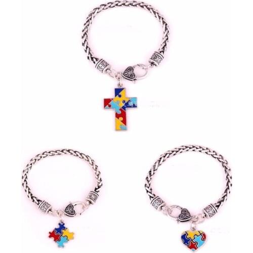 Autism Awareness Puzzle Jigsaw Classic Silver Plated Fashion Square Enamel Charm Bracelet Jewelry