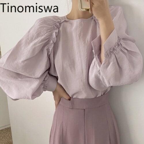 Tinomiswa O Neck Lantern Sleeve Blouse Women Pure Color Casual Vintage White Shirts Fungue Edge Korean Chic Retro Ladies Tops