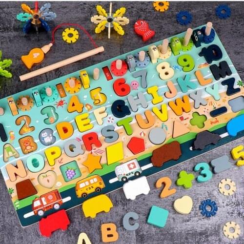 Baby Wooden Montessori Matching Board Educational Montessori Toys Kids Early Learning Shape Color Math Fishing Building Block