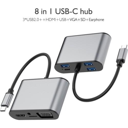 8in1 Type-C Laptop Docking Station USB-C HUB To USB3.0 HD 4K VGA 3.5mm PD Charging for Macbook HP Dell Lenovo Huawei Laptop